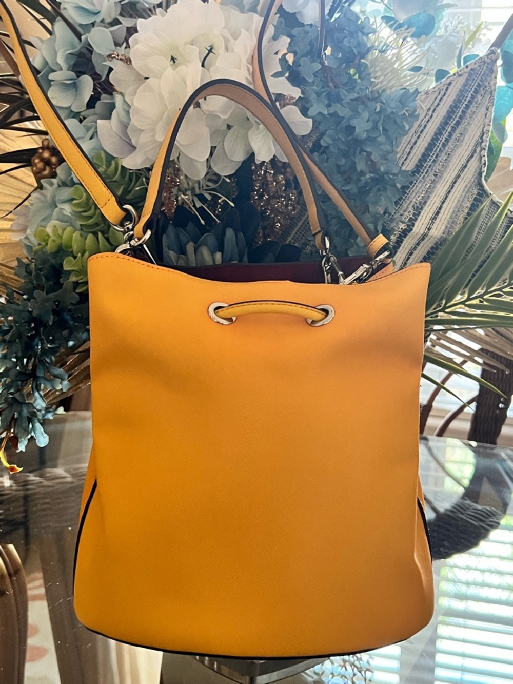 Karl Lagerfeld Yellow Saffiano Shoulder Bucket Bag - Picture 2 of 12